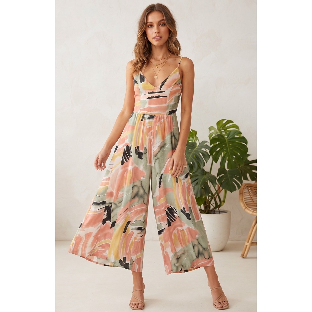 SundayUp Abstract Watercolor Jumpsuit Womens Small Multicolor Excellent Wide Leg